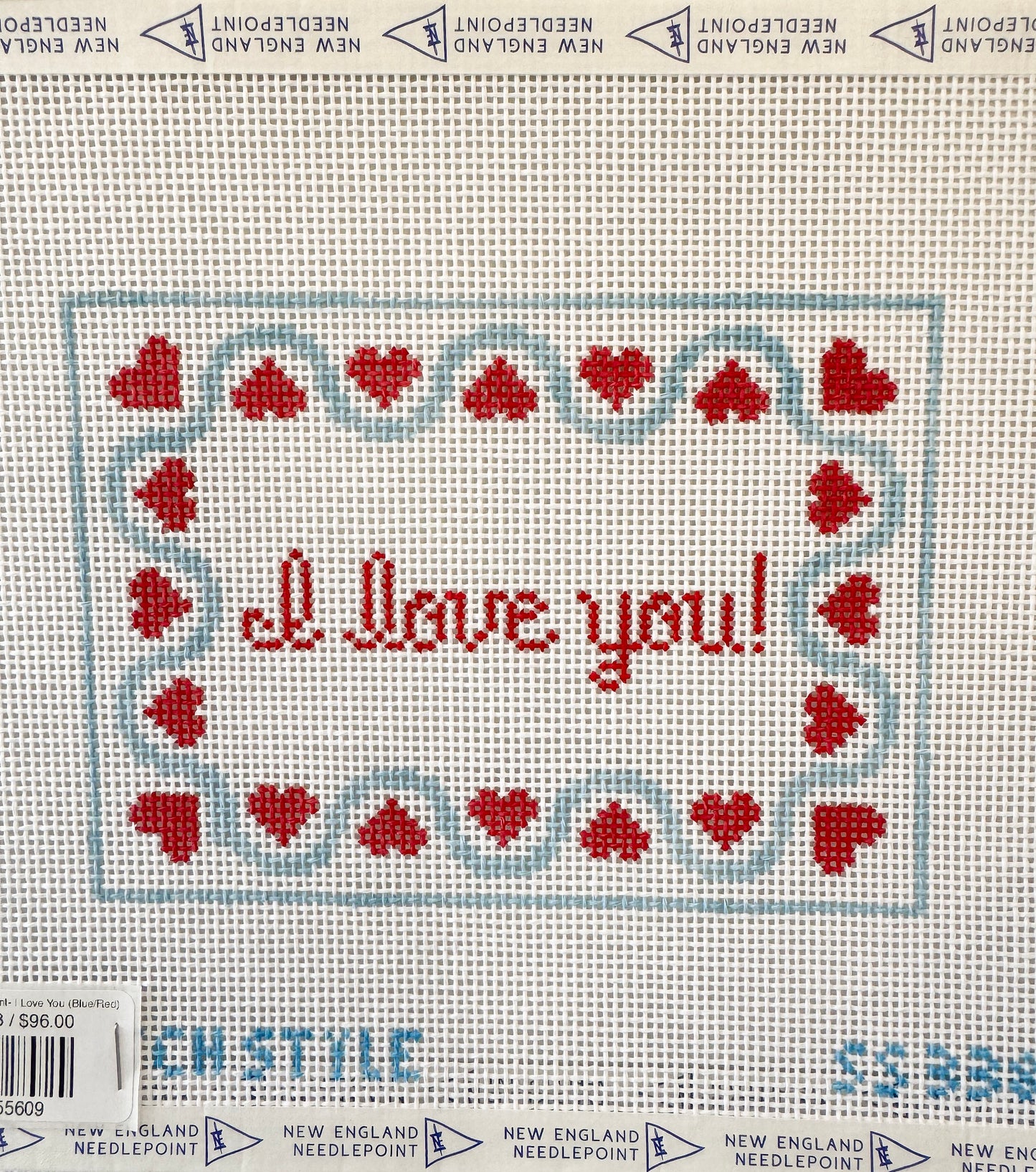 Stitch Style Needlepoint- I Love You (Blue/Red)