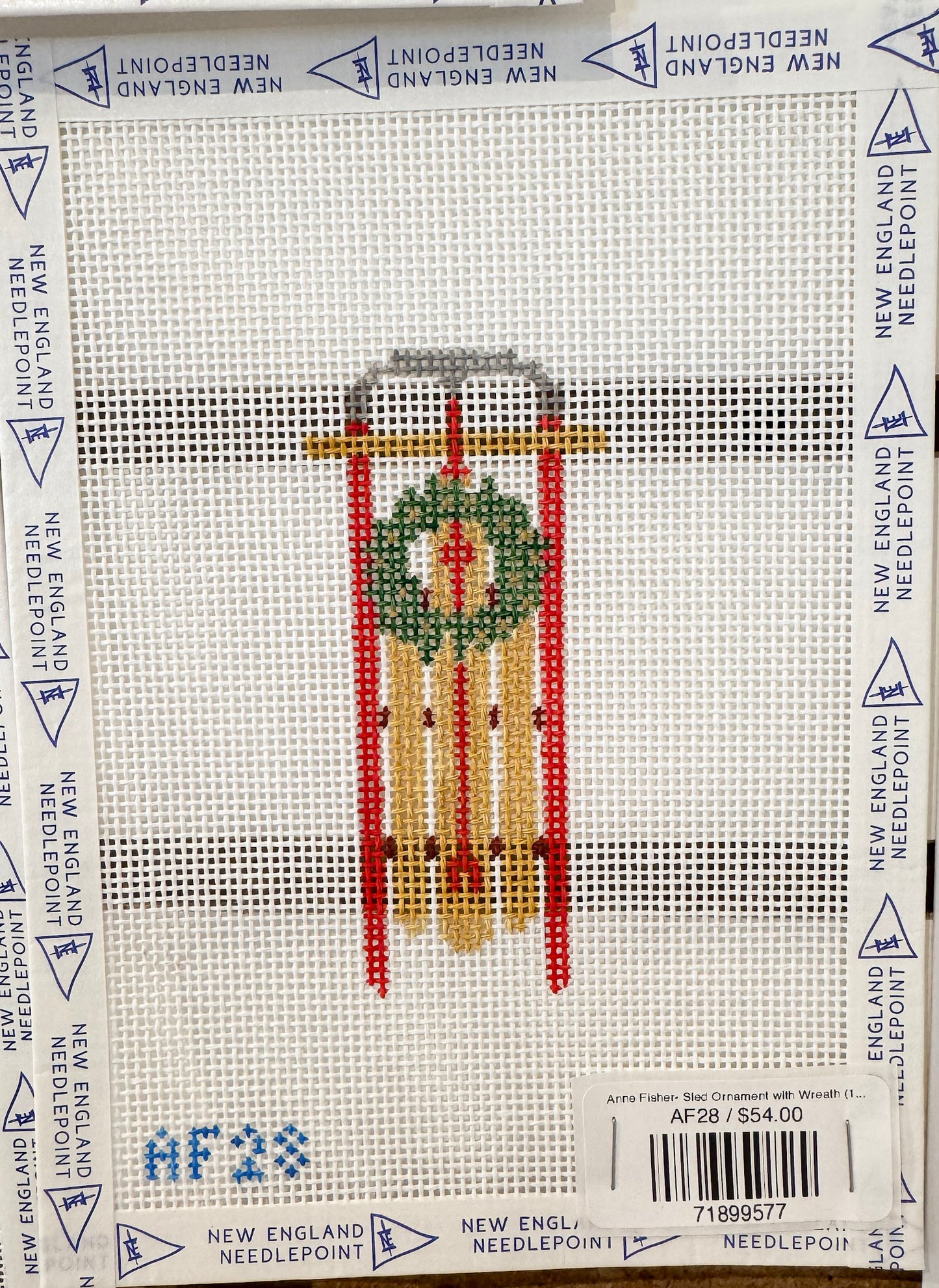 Anne Fisher- Sled Ornament with Wreath (14 mesh)